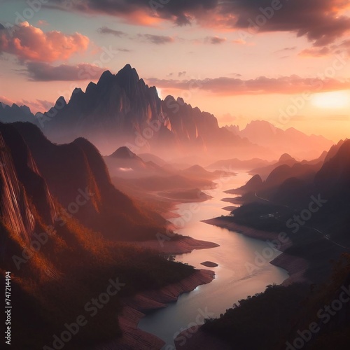 An alluring view of mountains and a river bathed in the warm glow of sunset. © Laurent