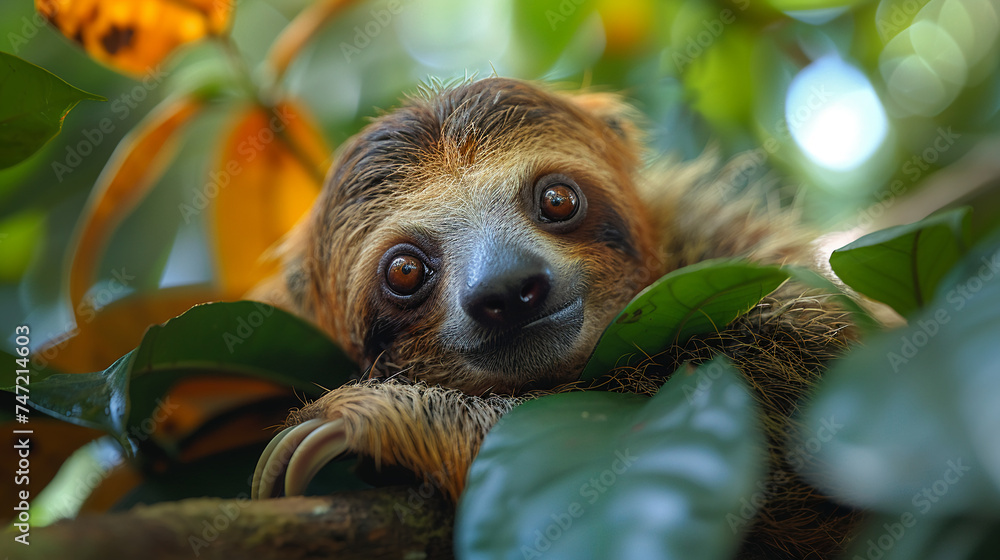Obraz premium wildlife photography, authentic photo of a sloth in natural habitat, taken with telephoto lenses, for relaxing animal wallpaper and more