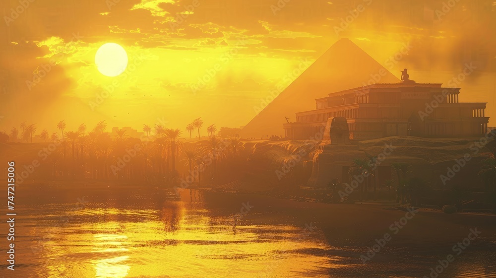 Golden sunset over Sphinx and Pyramids, ancient Egypt's glory revived, mystical aura