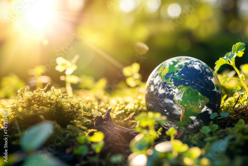 AI Generated Image. Earth planet globe on a fresh grass. Earth Day and Environmental concept photo