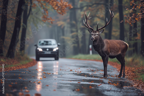 AI Generated Image. Male deer on a wet road in front of a car photo