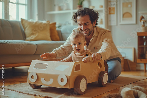 Father playing with his son in a cardboard car. Generative AI photo