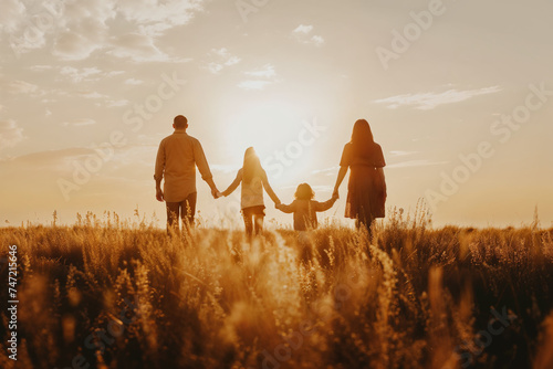 Family holding hands at sunset in field. Generative AI photo