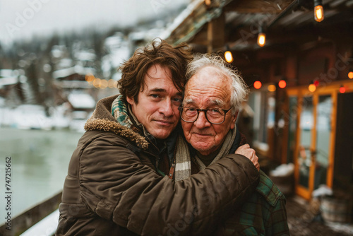 Son hugging his older father. Generative AI photo