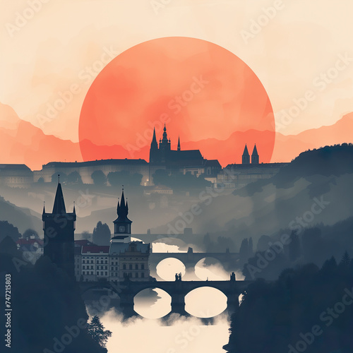Artistic rendering of a sunrise behind Prague's iconic skyline, featuring the Charles Bridge and Prague Castle. Generative AI photo