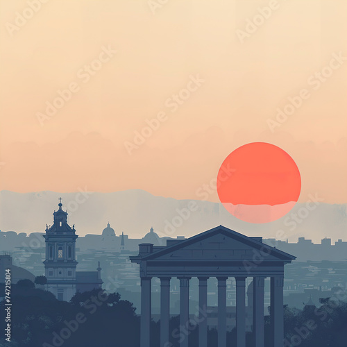 A serene illustration of an urban sunrise, with the sun's sphere dominating the horizon over classic architecture. Generative AI photo