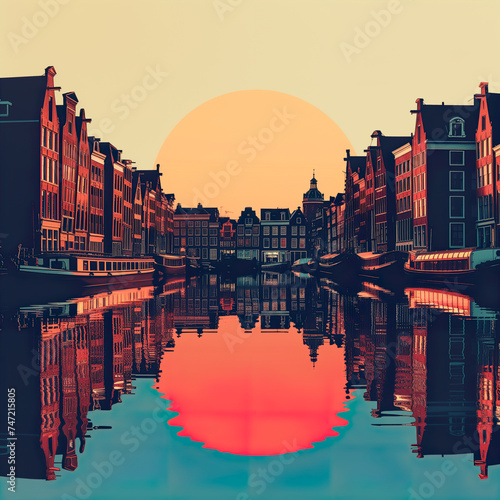Stylized depiction of a sunset over Amsterdam's canal houses, with a vibrant reflection on the water. Generative AI photo