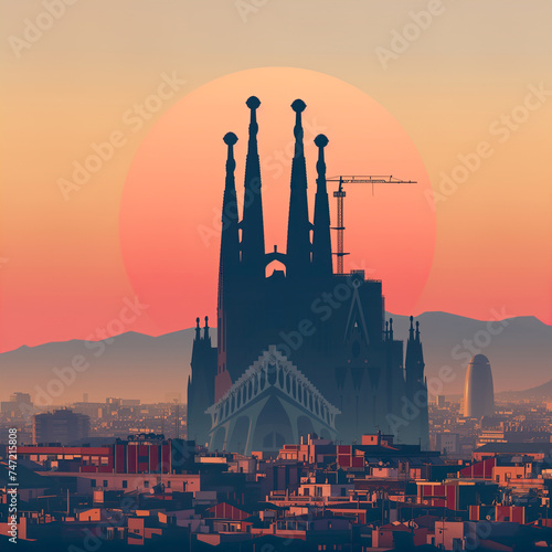 A breathtaking AI-generated image capturing the silhouette of Sagrada Familia against a warm sunset in Barcelona. Generative AI photo