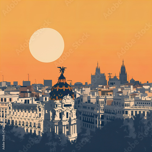 An AI generated artistic rendition of Madrid's skyline with the Metropolis Building under a soft dawn light. Generative AI
