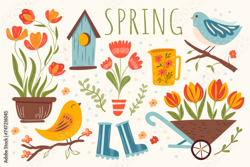 Big set of spring elements isolated on white background. Flowers in pot, cute birds and birdhouse, wellies, and tulips in garden trolley.