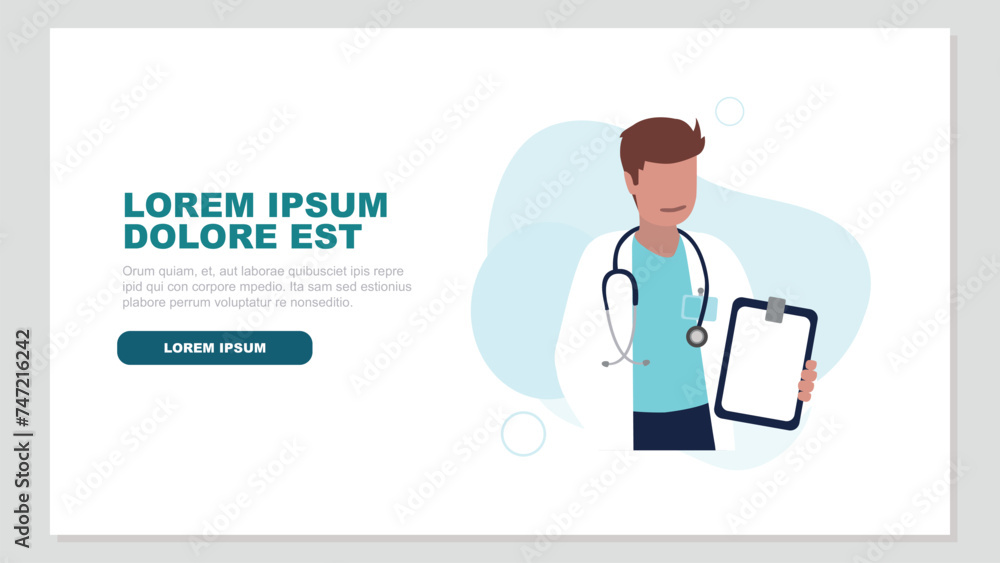 Vektor-Illustration eines männlichen Arztes mit einem Stethoskop, der eine Krankenakte hält - Gesundheitskonzept Vektor-Illustration eines männlichen Arztes mit einem Stethoskop, der eine Krankenakte hält - Gesundheitskonzept