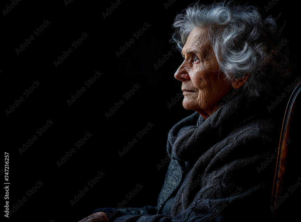 Portrait of an International Grandmother radiating love and experience perfect for Mother's Day gifts sitting on a chair Wallpaper Card Poster Background