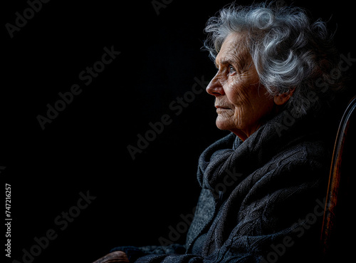 Portrait of an International Grandmother radiating love and experience perfect for Mother's Day gifts sitting on a chair Wallpaper Card Poster Background