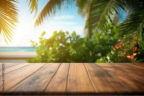 wooden table with summer tropical sea and blue sky with clouds background,