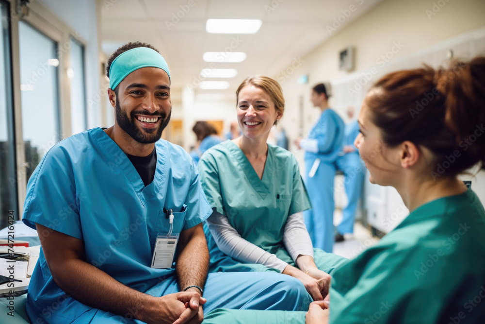 Friendly medical team interacting in hospital hallway. Generative AI image Friendly medical team interacting in hospital hallway. Generative AI image
