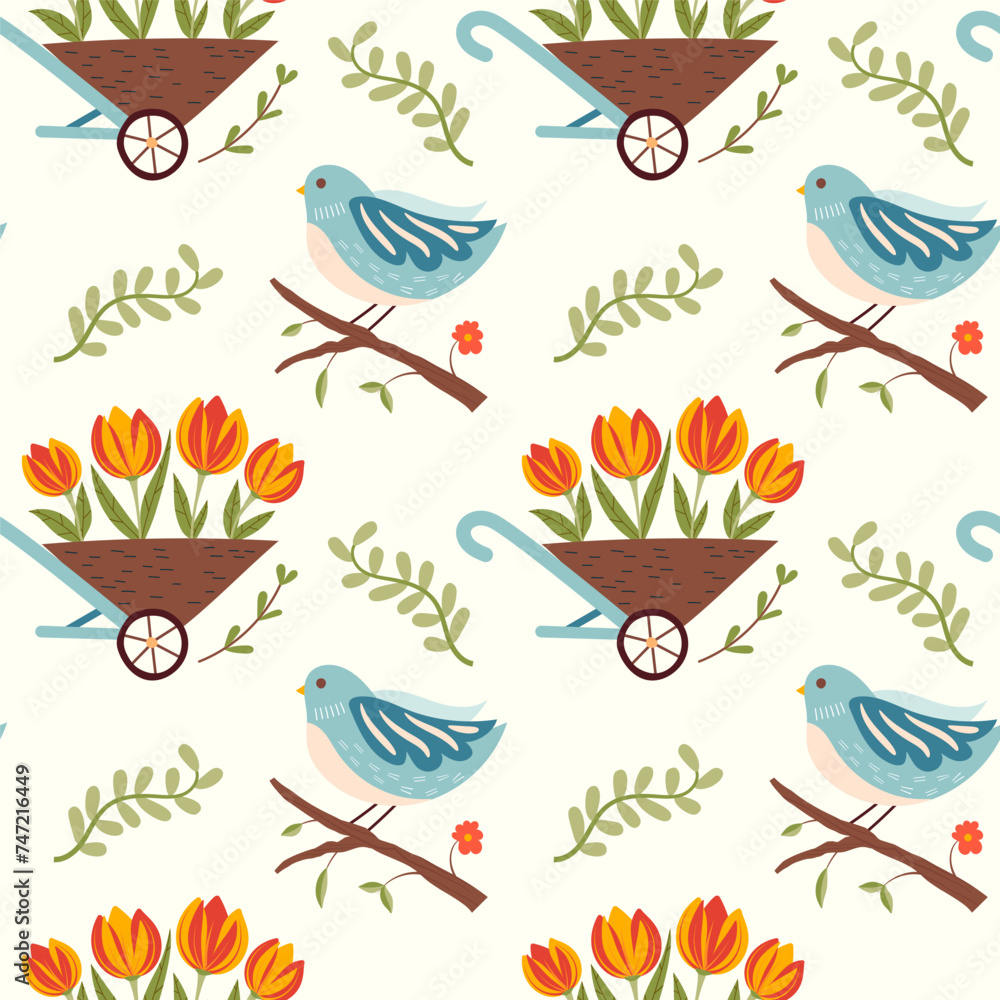 Seamless vector pattern with spring flowers in garden trolley and cute bird on brunch. Colorful floral illustration on white background.