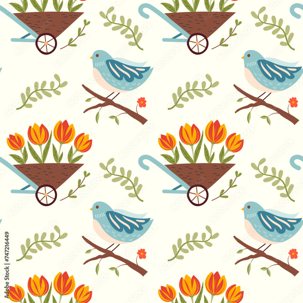 Seamless vector pattern with spring flowers in garden trolley and cute bird on brunch. Colorful floral illustration on white background. Seamless vector pattern with spring flowers in garden trolley and cute bird on brunch. Colorful floral illustration on white background.