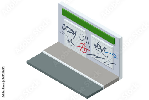 Isometric concept of Graffiti on wall. Urban Contemporary Culture. Street art. Abstract creative drawing fashion colors on the walls of the city.