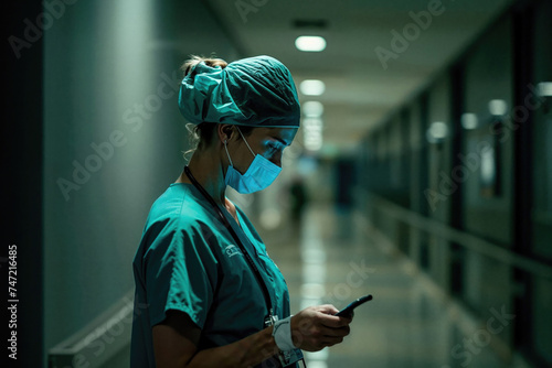 Nurse checking smartphone in hospital corridor. Generative AI image photo
