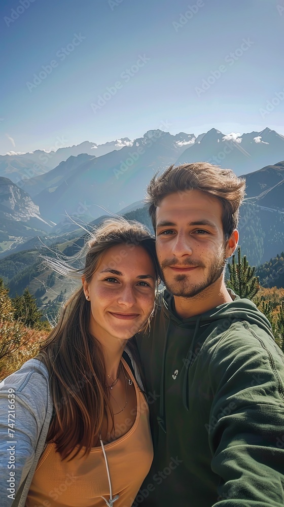 Vertical portrait of young couple on a mountain smiling