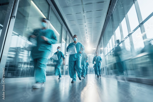 Urgent response team rushing in a hospital hallway. Generative AI image photo