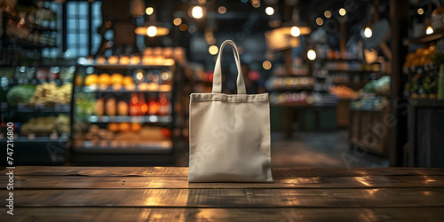 Supermarket Bags stand on a wooden surface and Grocery Store background Blurred background in shopping mall photo