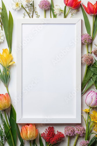 Floral frame with blank space on white background. Generative AI image photo