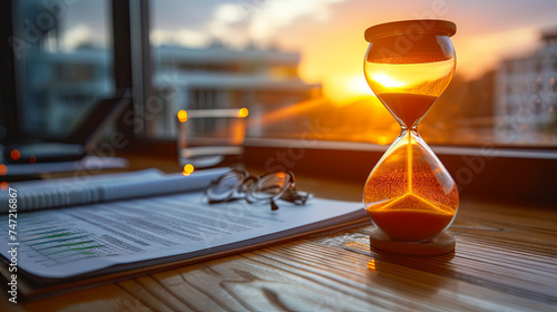 The concept of deadline. Hourglass on report background in office with beautiful sunset view 