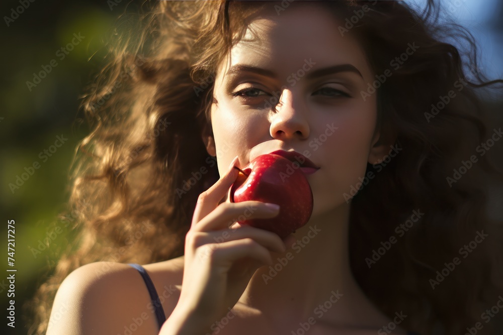 Beautiful woman eating an apple, woman with fruit