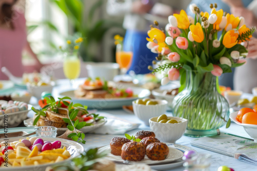 Bright Easter Brunch Table Setting with Spring Flowers and Assorted Fresh Dishes