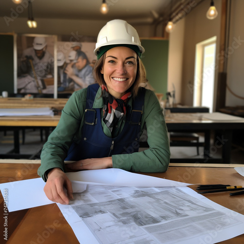 Female architect holding blueprints, Generative AI