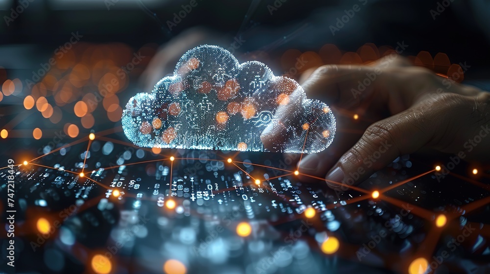 Businessman holds the cloud of network structure in the insurance technology concept, connecting innovation and digital network infrastructure. internet global village in hands concept - obrazy, fototapety, plakaty 