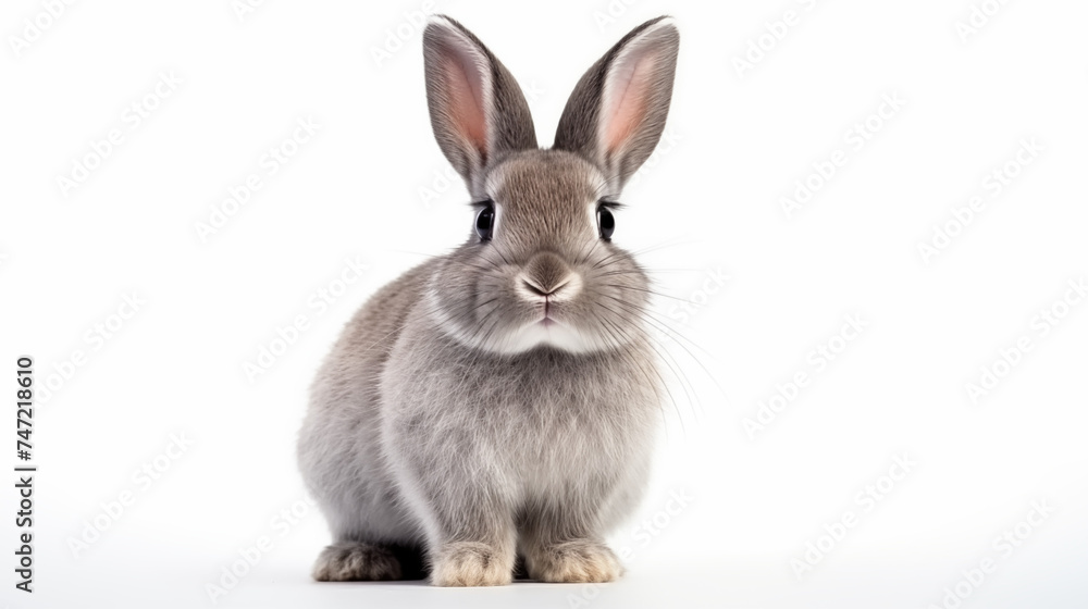 Fototapeta premium Adorable Grey Bunny with Long Ears on White Background
