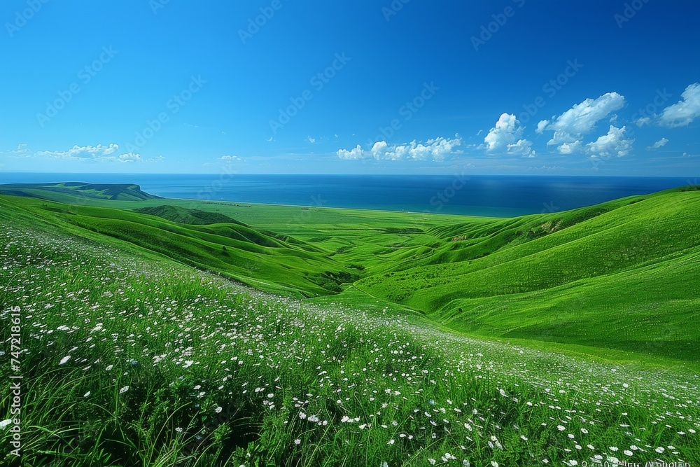 Green Field With White Flowers and Blue Sky
