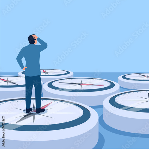 Confused man standing on many compasses pointing in different directions, illustration for choices.