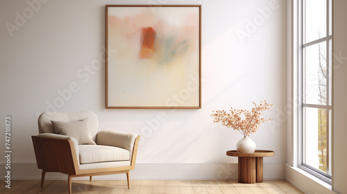 Chic Home Interior with Pastel Pink Abstract Artwork and Modern Furniture on White Wall Background © HecoPhoto