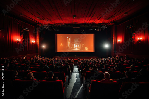Red cinema hall with a movie running on the screen. Generated by artificial intelligence © Vovmar