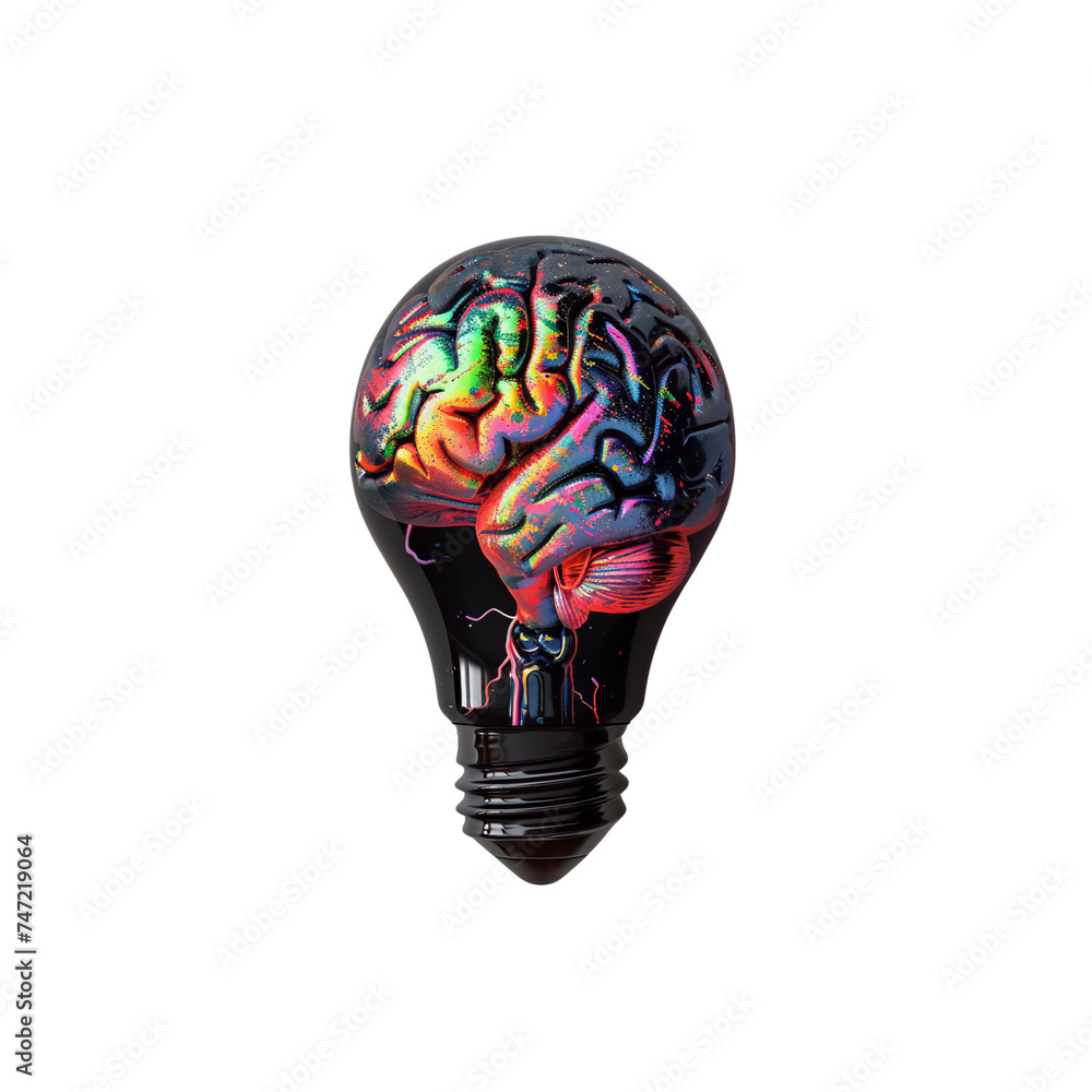 Creative spark ignites, dark brain with colorful lightbulb. creativity and problem solving, mind at work. Creative spark ignites, dark brain with colorful lightbulb. creativity and problem solving, mind at work.