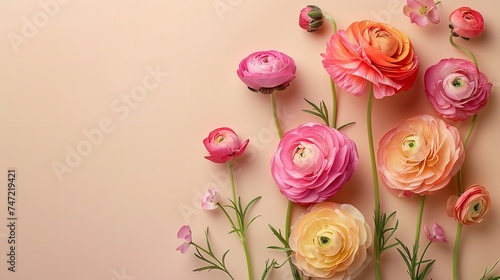 Vivid orange and pink ranunculus over an earthy beige backdrop and space, Generative AI. photo
