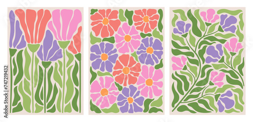 Abstract flower posters set. Trendy botanical wall arts with floral design in danish pastel colors. Matisse-inspired floral paintings. Decorative contemporary botanical elements. Vector naive art