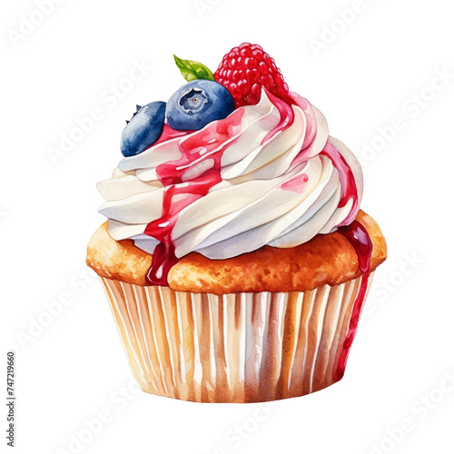 Watercolor painting of cupcake clip art. Bakery dessert.transparent background.AI generated, Generative AI.