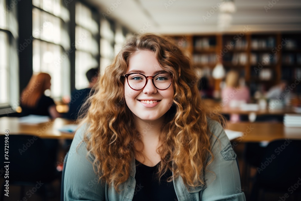 Happy students, beautiful, chubby woman in the library, Happy students, beautiful, chubby woman in the library,