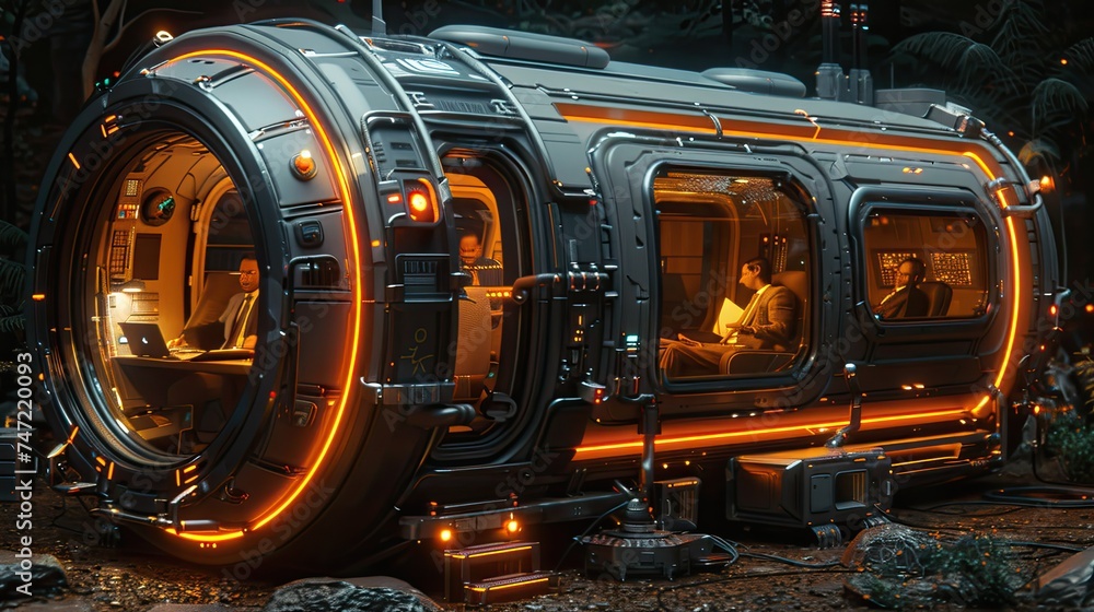 Fototapeta premium An intense negotiation session in a modern boardroom, with executives passionately discussing business strategies amidst futuristic surroundings.