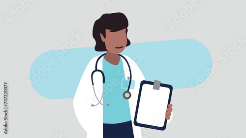 Vektor-Illustration einer weiblichen Ärztin mit einem Stethoskop, die eine Krankenakte hält - Gesundheitskonzept
