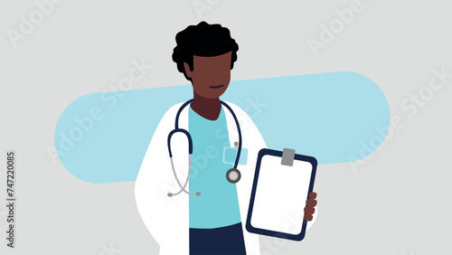 Vektor-Illustration einer weiblichen Ärztin mit einem Stethoskop, die eine Krankenakte hält - Gesundheitskonzept
