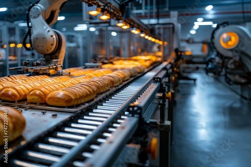 Industrial Bread Production Line with Fresh Loaves on Conveyor