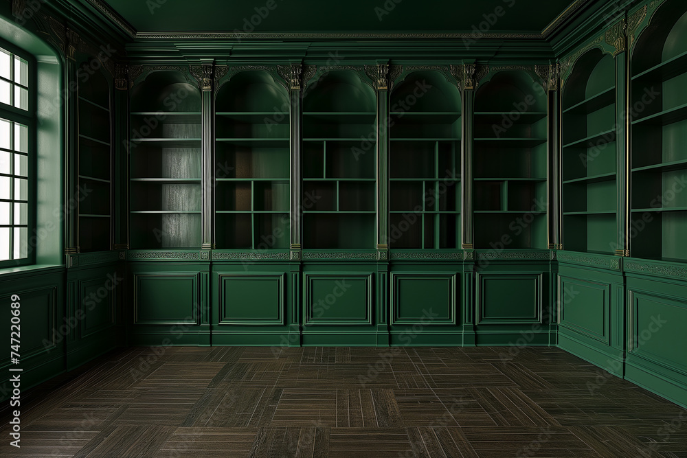 An empty room with dark green bookcases against the walls and wooden floors