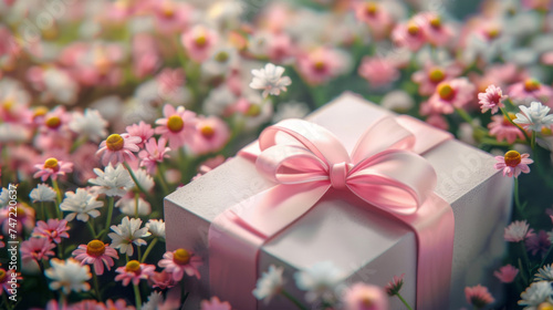 gift with a ribbon of flowers in the background