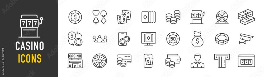 Casino web icons in line style. Playing card, casino, win, roulette, poker chips, card suit, mobile casino. Vector illustration.