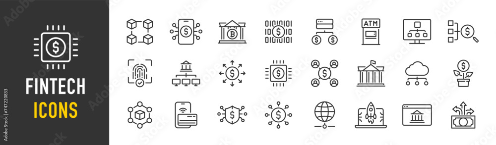 Fintech web icons in line style. Digital banking, insurtech, fintech, cryptocurrency, neobank, cloud tech. Vector illustration. Fintech web icons in line style. Digital banking, insurtech, fintech, cryptocurrency, neobank, cloud tech. Vector illustration.